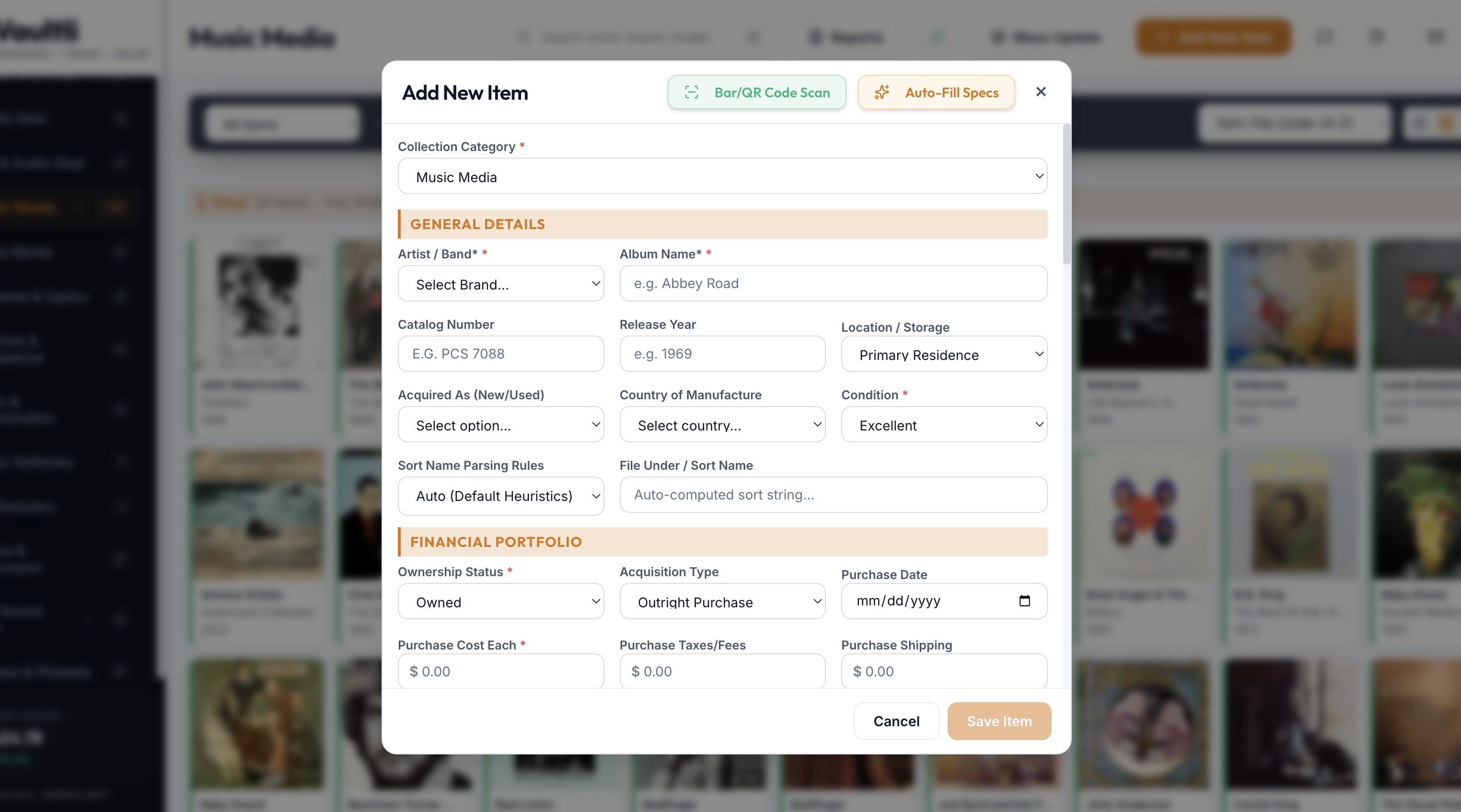 Add New Item modal showing Bar/QR Code Scan and Auto-Fill Specs buttons, General Details fields, and the Financial Portfolio section