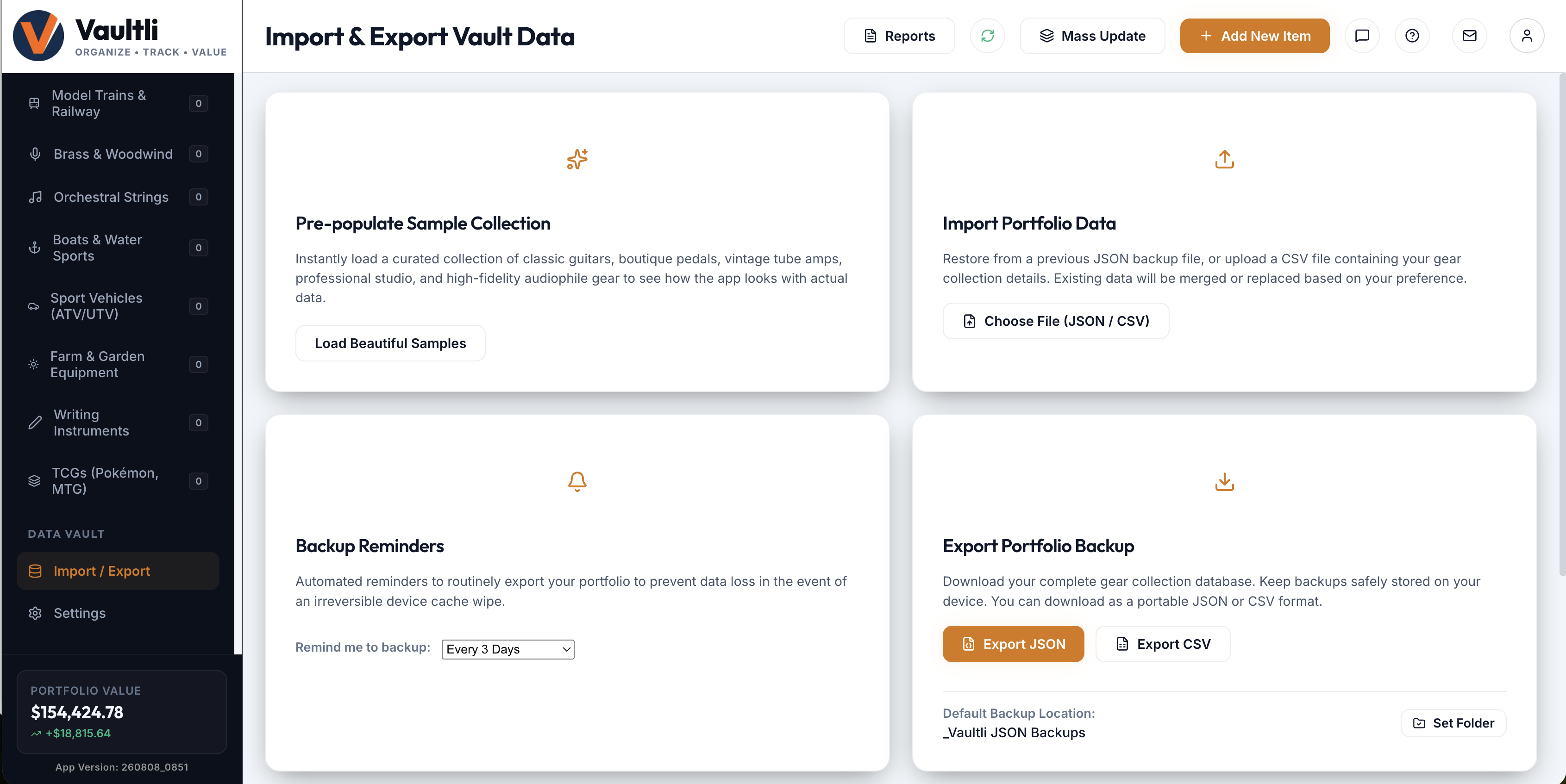 Import and Export Vault Data screen