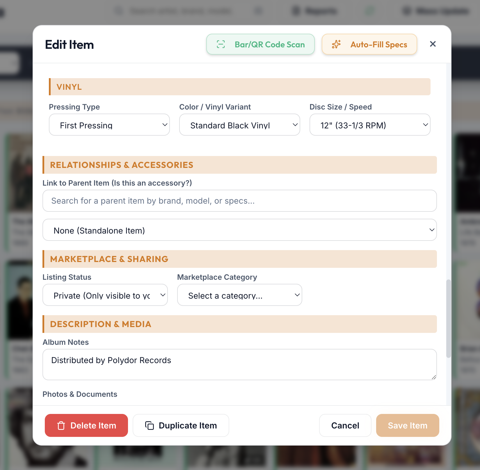 Marketplace and Sharing section of the item edit modal
