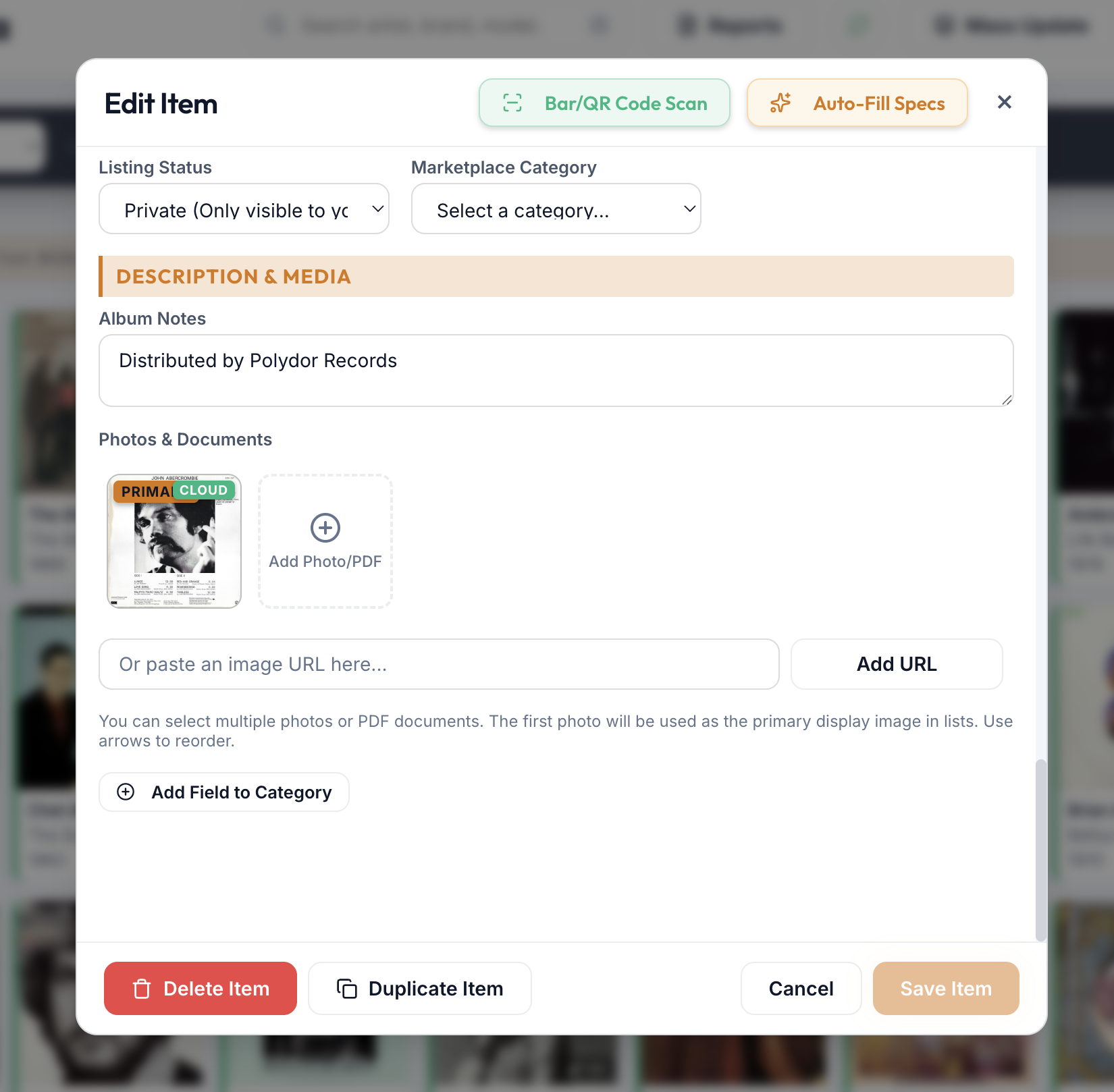 Photos and Documents gallery inside the item edit modal