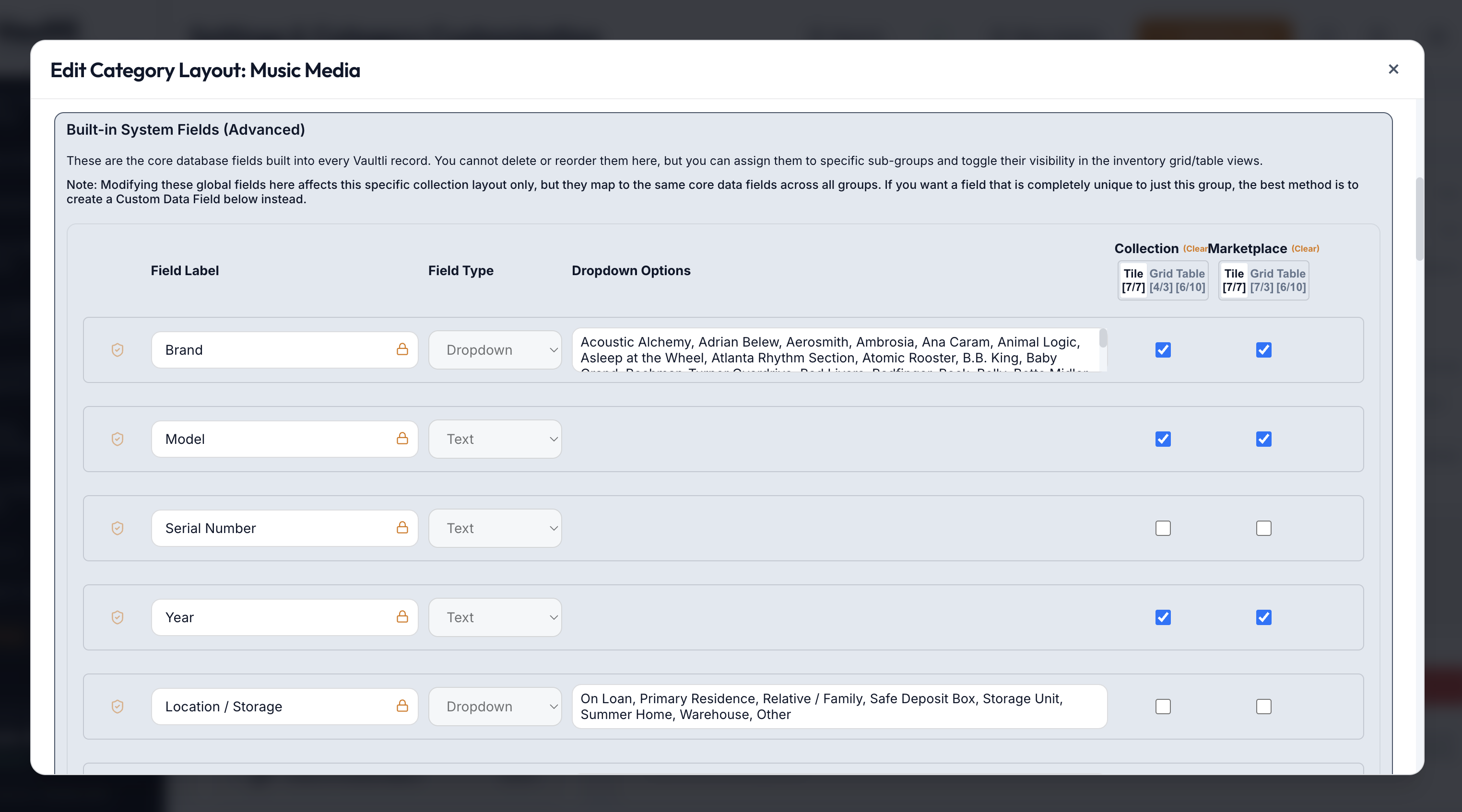 Category Schema and Layout Editor showing system fields like Brand, Model, Serial Number, and Location with visibility checkboxes for Collection and Marketplace views