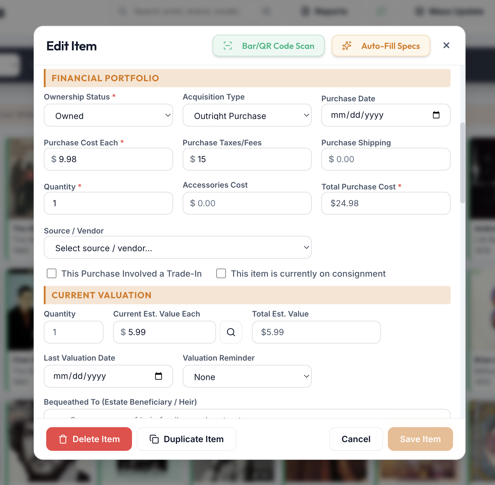 Edit Item modal Financial Portfolio and Current Valuation sections, showing Purchase Cost Each, Purchase Taxes/Fees, Purchase Shipping, Quantity, Accessories Cost, Total Purchase Cost, Source/Vendor, the Trade-In and consignment checkboxes, Current Valuation fields, Valuation Reminder, and the Bequeathed To field