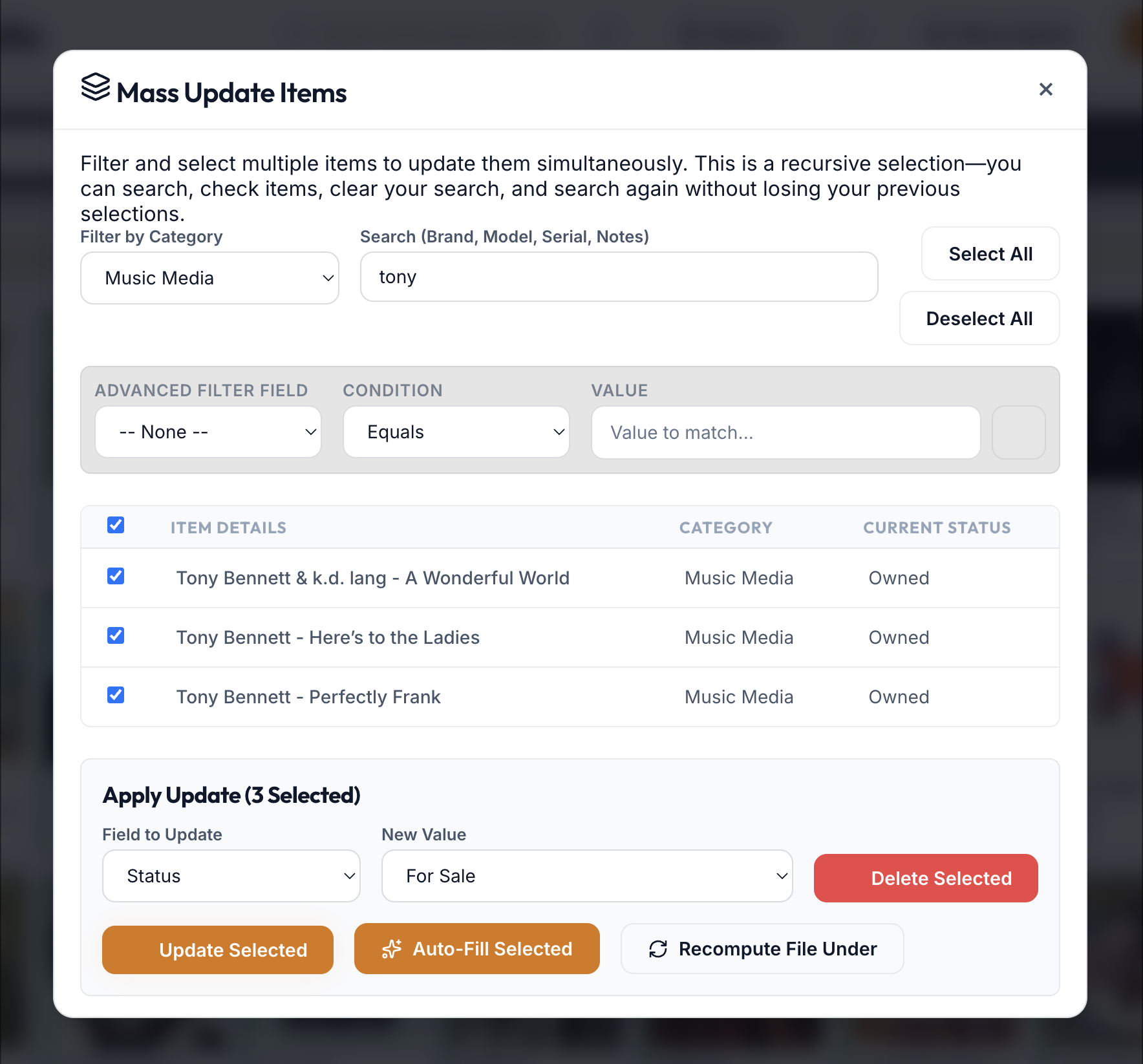 Mass Update Items modal showing category and search filters, an advanced filter row, a selectable item table, and an Apply Update section with Field to Update, New Value, Update Selected, Auto-Fill Selected, Recompute File Under, and Delete Selected